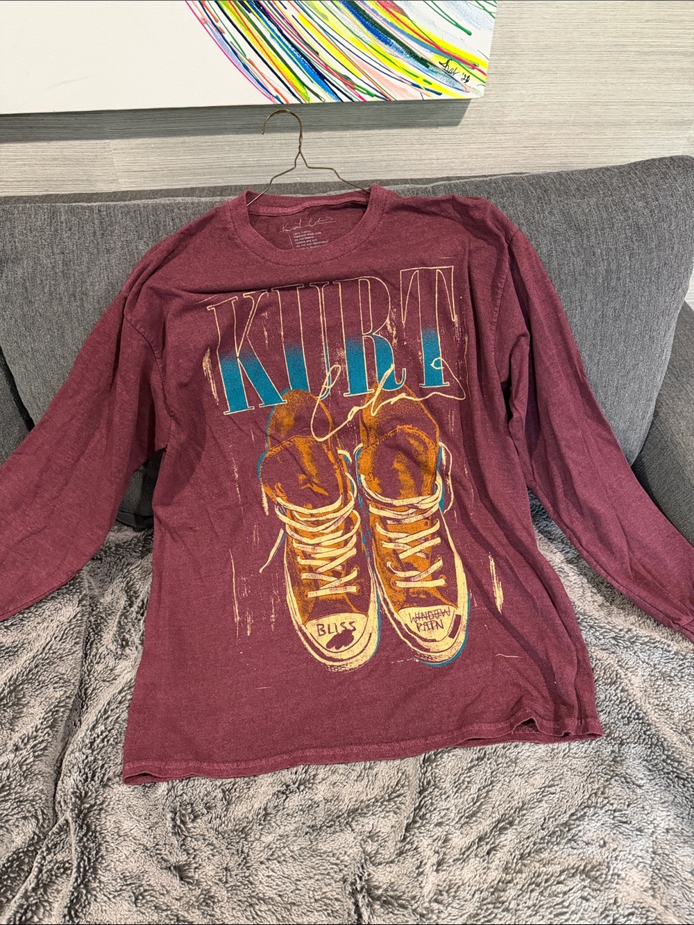 Men's Long Sleeve Graphic Tee - Maroon with Shoe Print